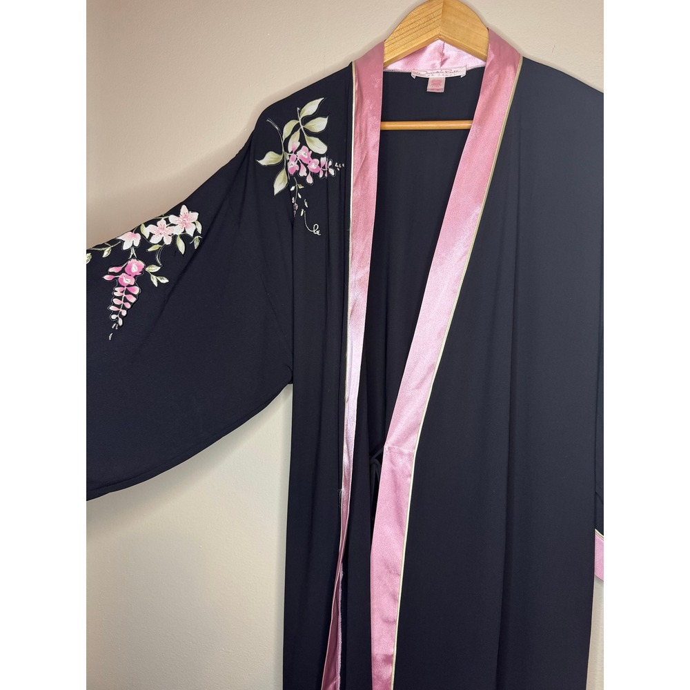 Oscar de la Renta Pink Label Black Pink Floral Embroidered Kimono Robe L/XL - Picture 3 of 4